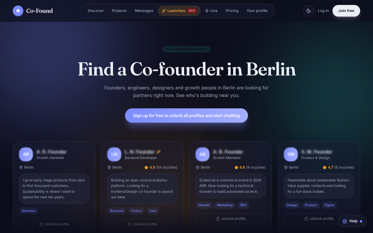 Captured during the scan: Berlin and San Francisco pages show the same founder profiles