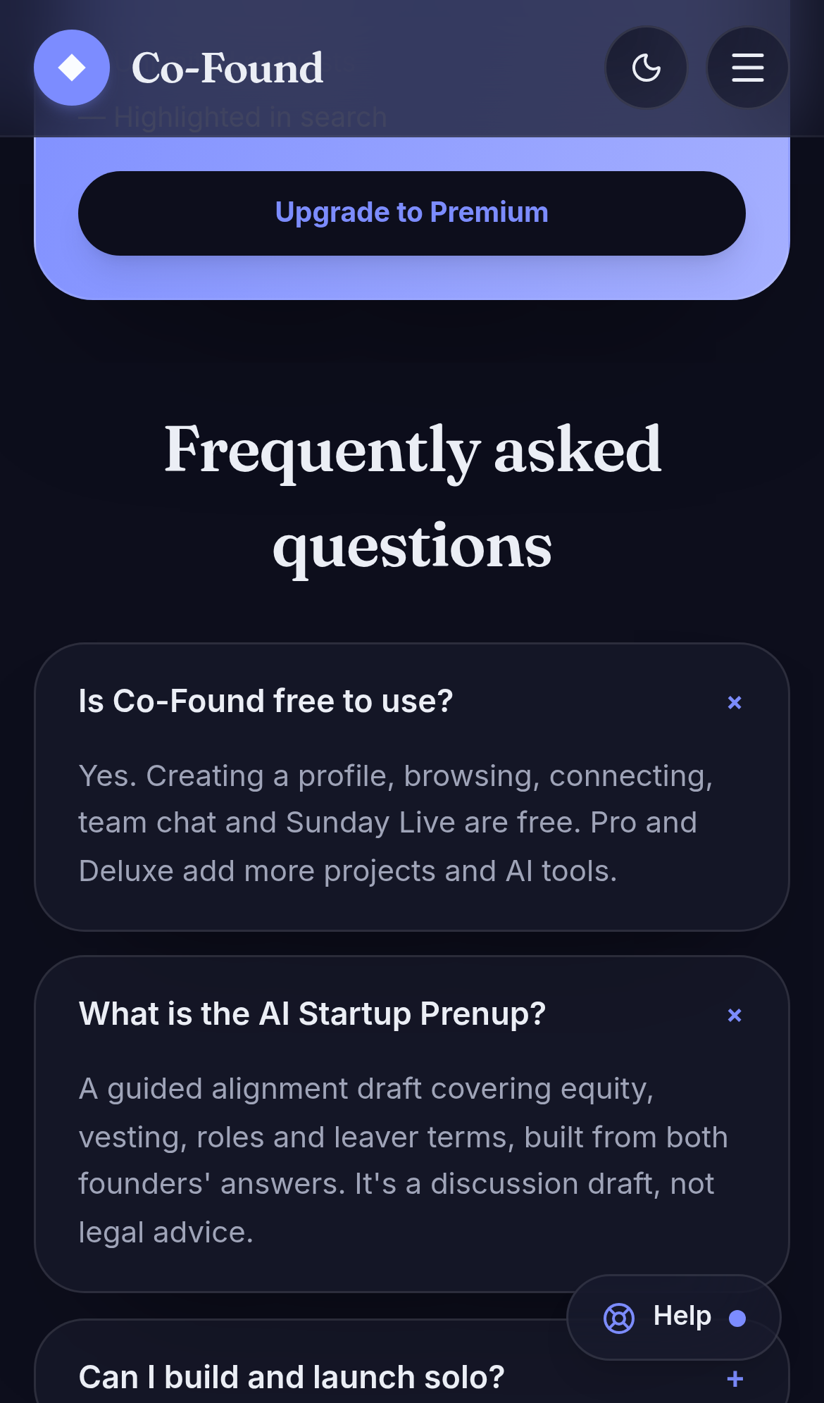 Captured during the scan: The home page offers a free try of the Prenup that pricing lists as Pro-only