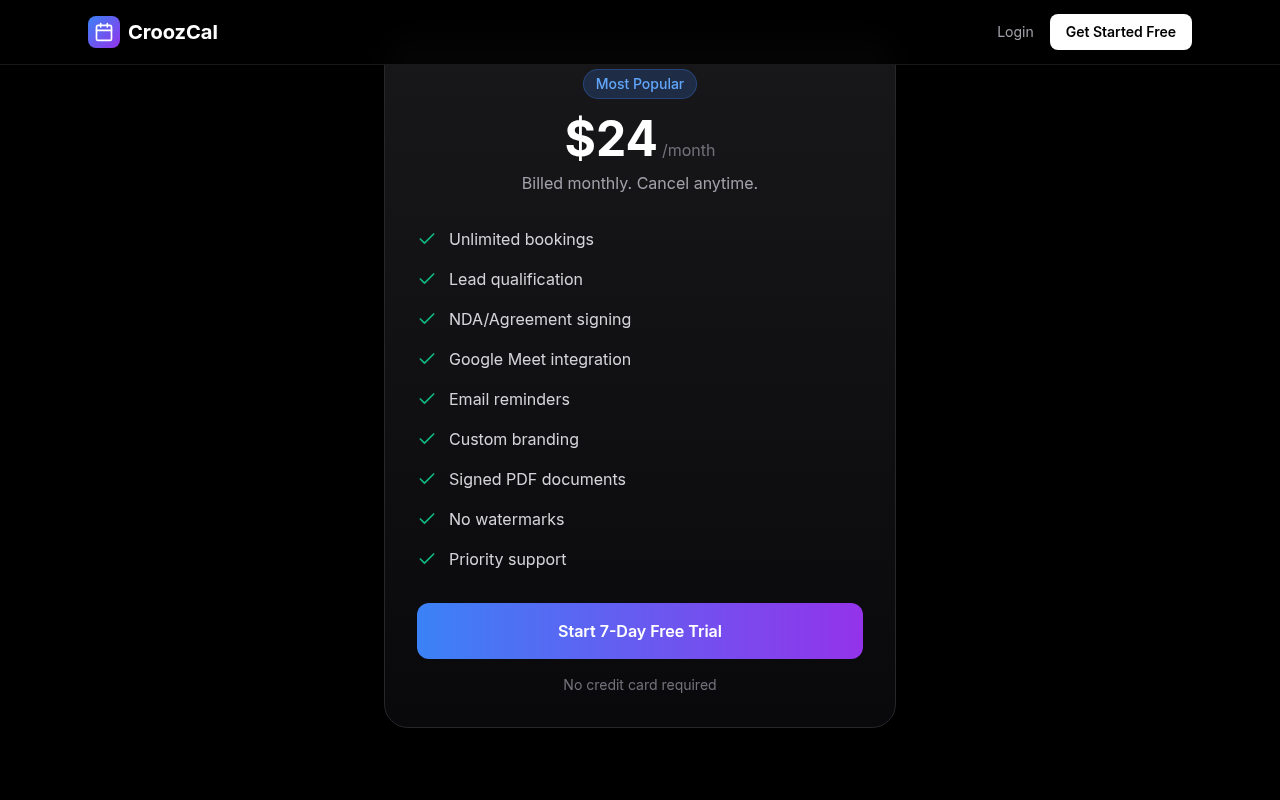 Captured during the scan: CroozCal quotes $24 billed monthly but signup charges $29 monthly