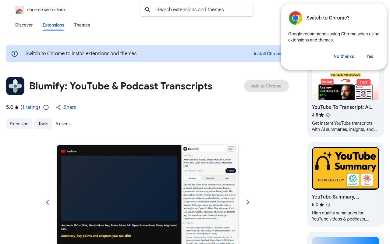 Captured during the scan: The Chrome listing sells a "Pro" plan that /pro does not offer
