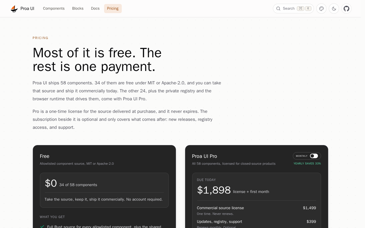Captured during the scan: Pricing promises one payment but every Pro total includes a subscription