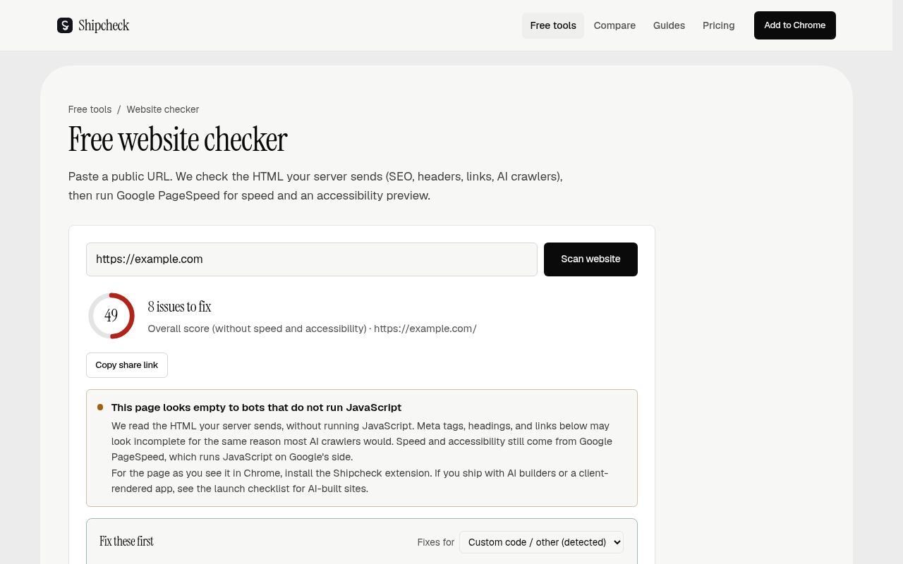 Captured during the scan: The free website checker leaves out its promised speed and accessibility results