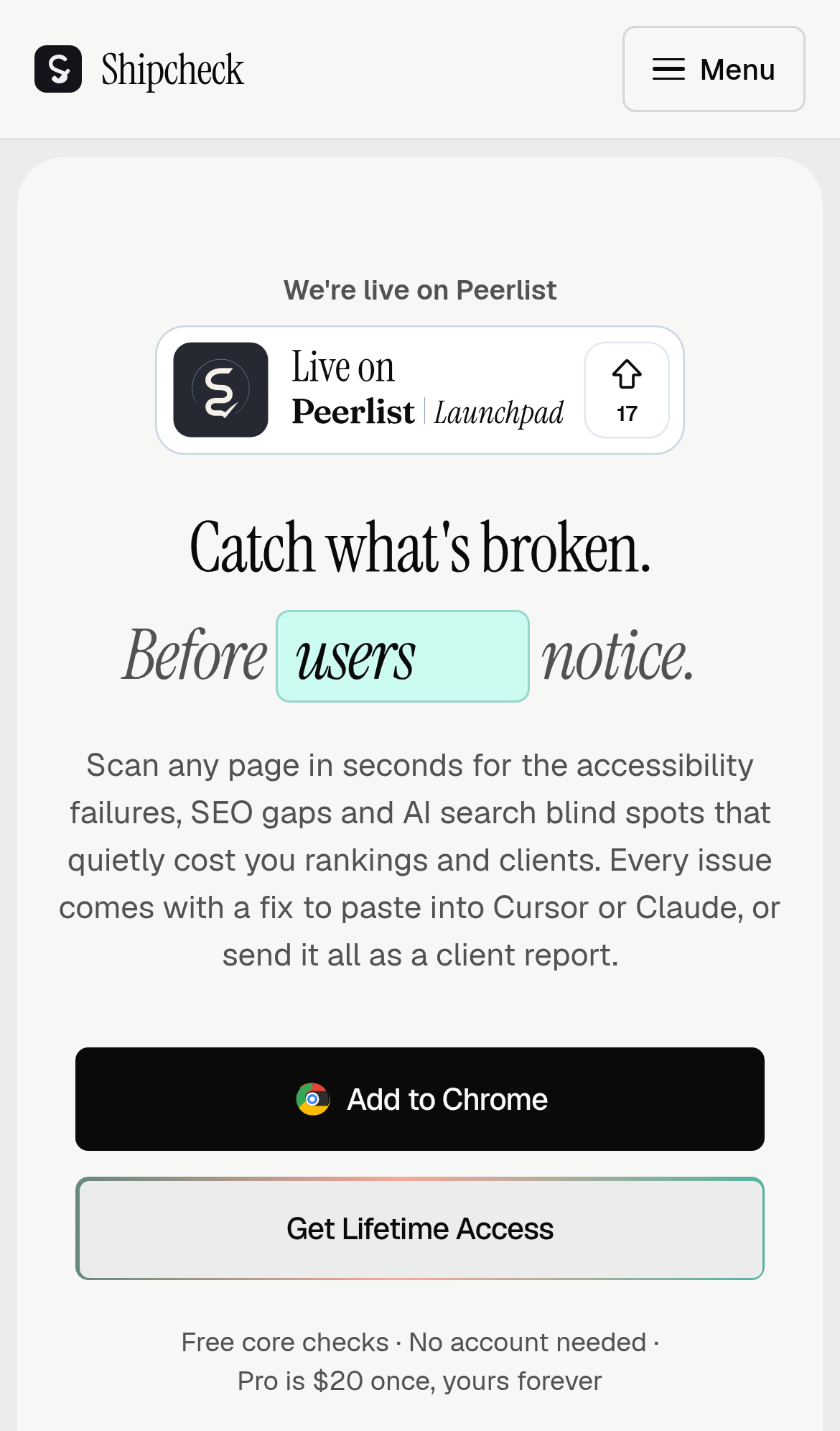Captured during the scan: The phone hero offers only a desktop Add to Chrome install