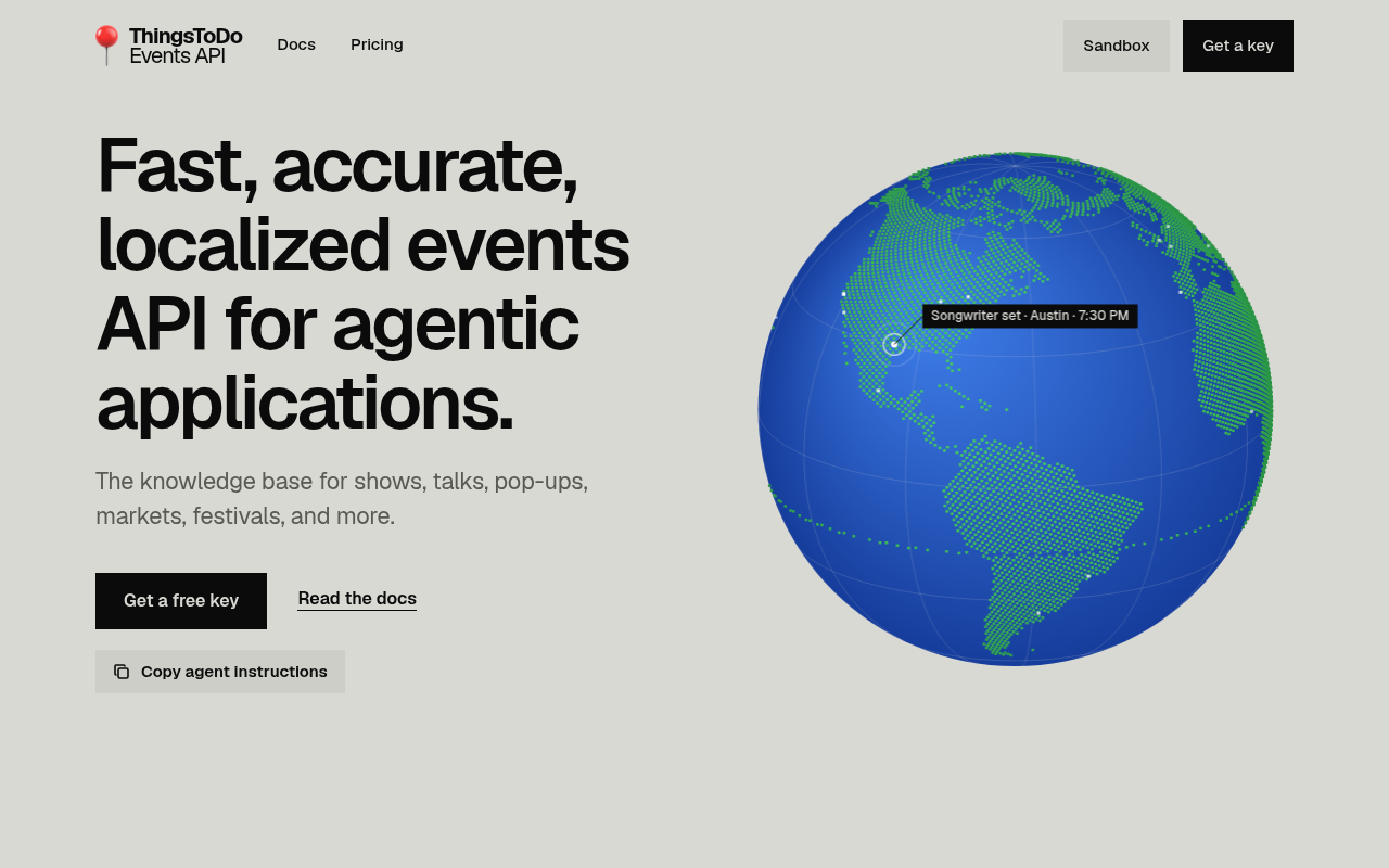 Captured during the scan: The home page globe shows Austin and LA events the API doesn't cover
