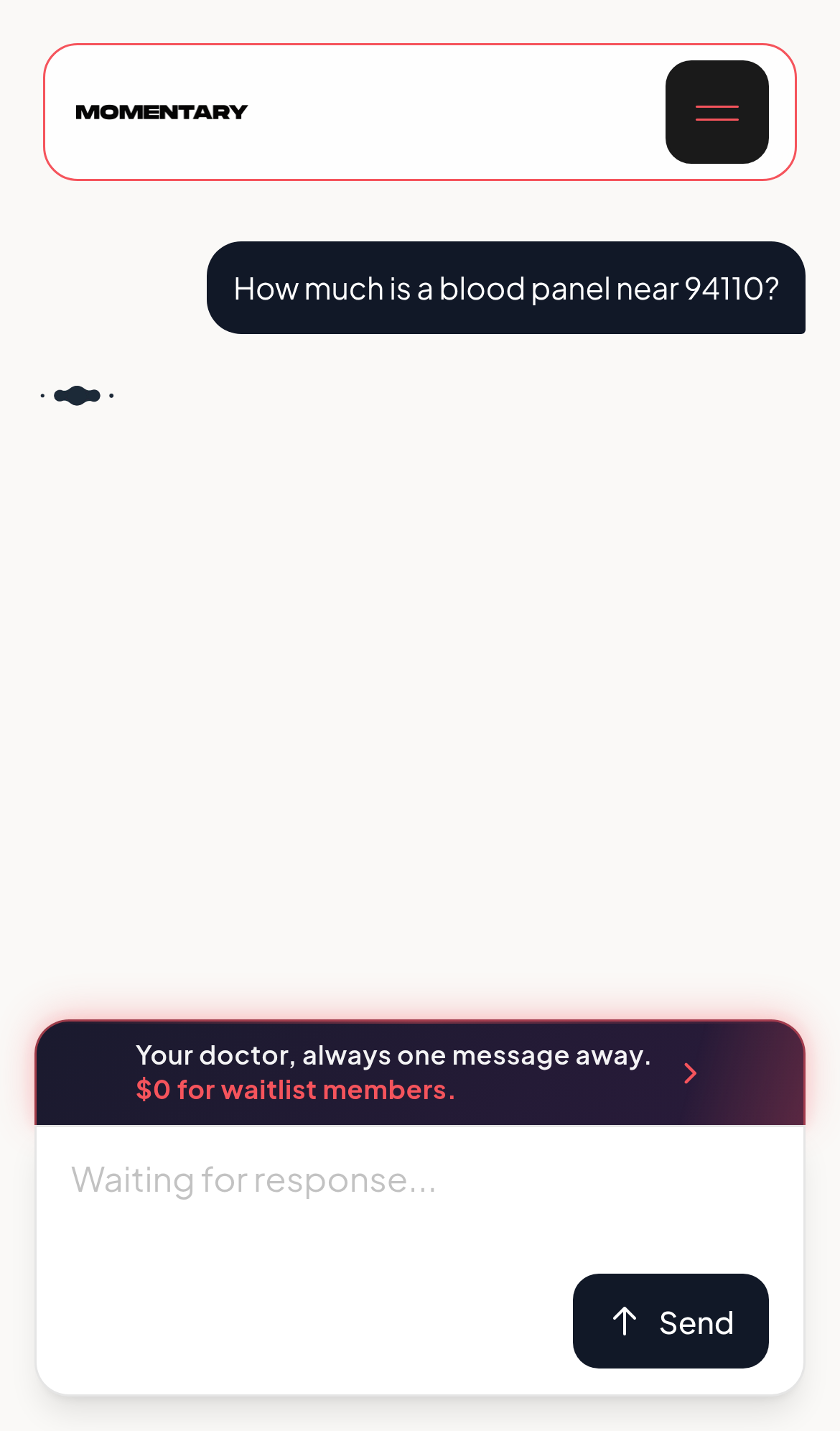 Captured during the scan: The chat offers the $19.99/mo doctor plan at $0 for waitlist members