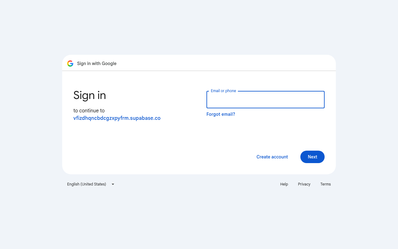 Captured during the scan: Google sign-in asks visitors to continue to a raw Supabase domain