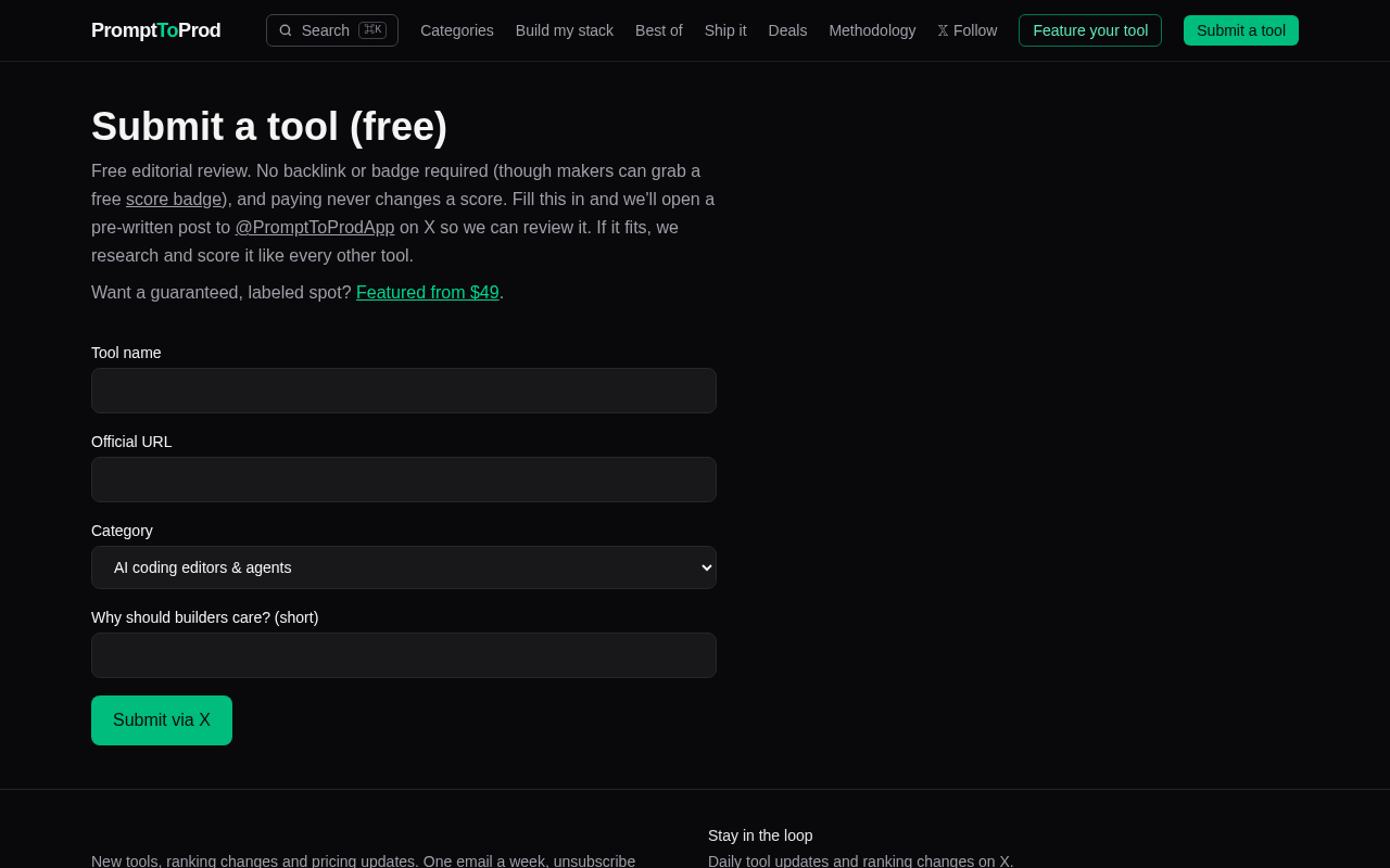 Captured during the scan: The free tool submission only works through an X account