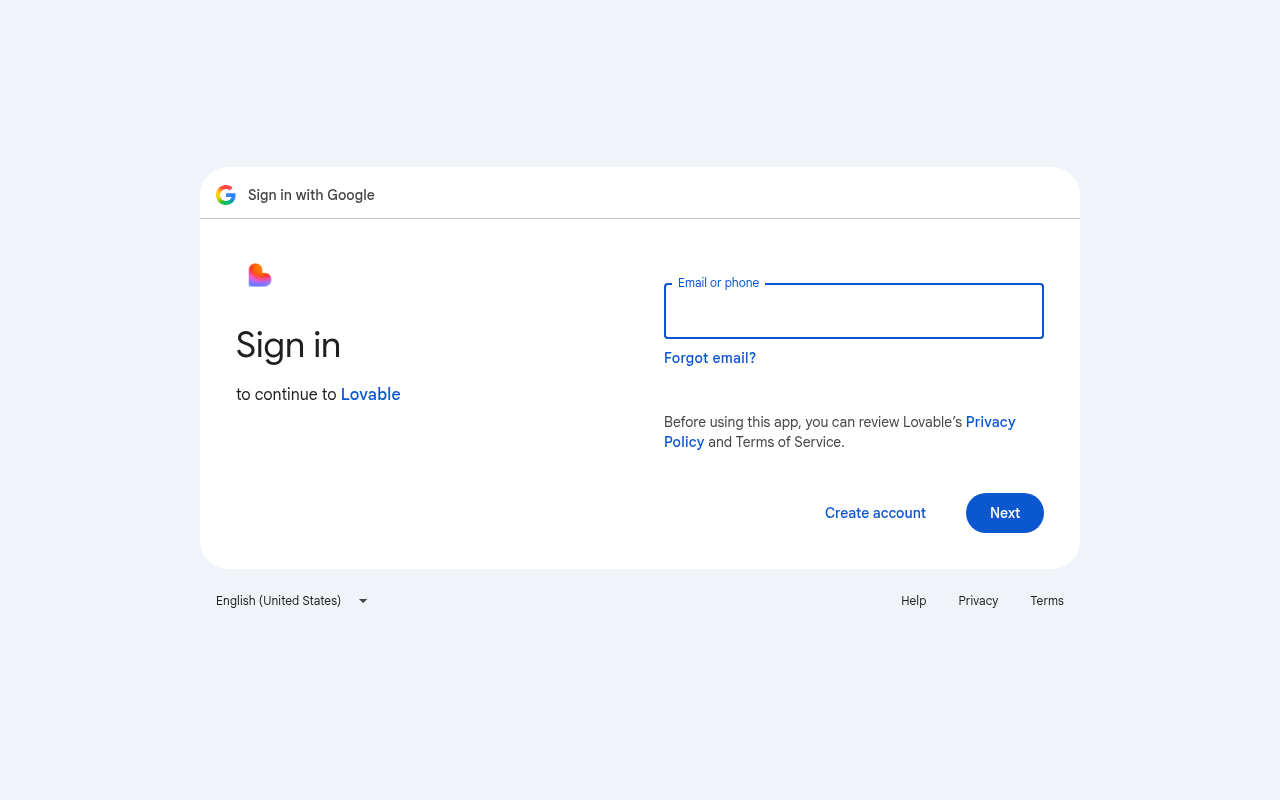 Captured during the scan: Google sign-up asks visitors to continue to Lovable, not Hubline