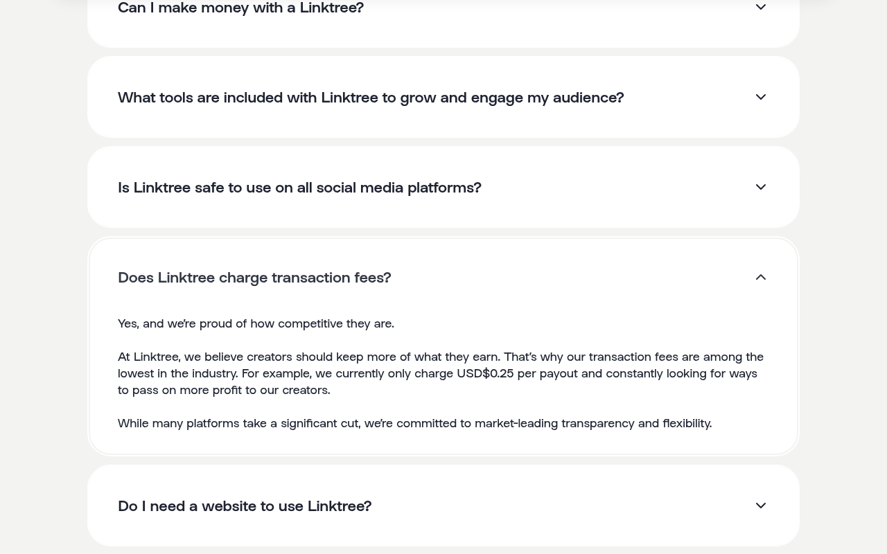 Captured during the scan: The pricing FAQ and help center disagree on Linktree's sales fee