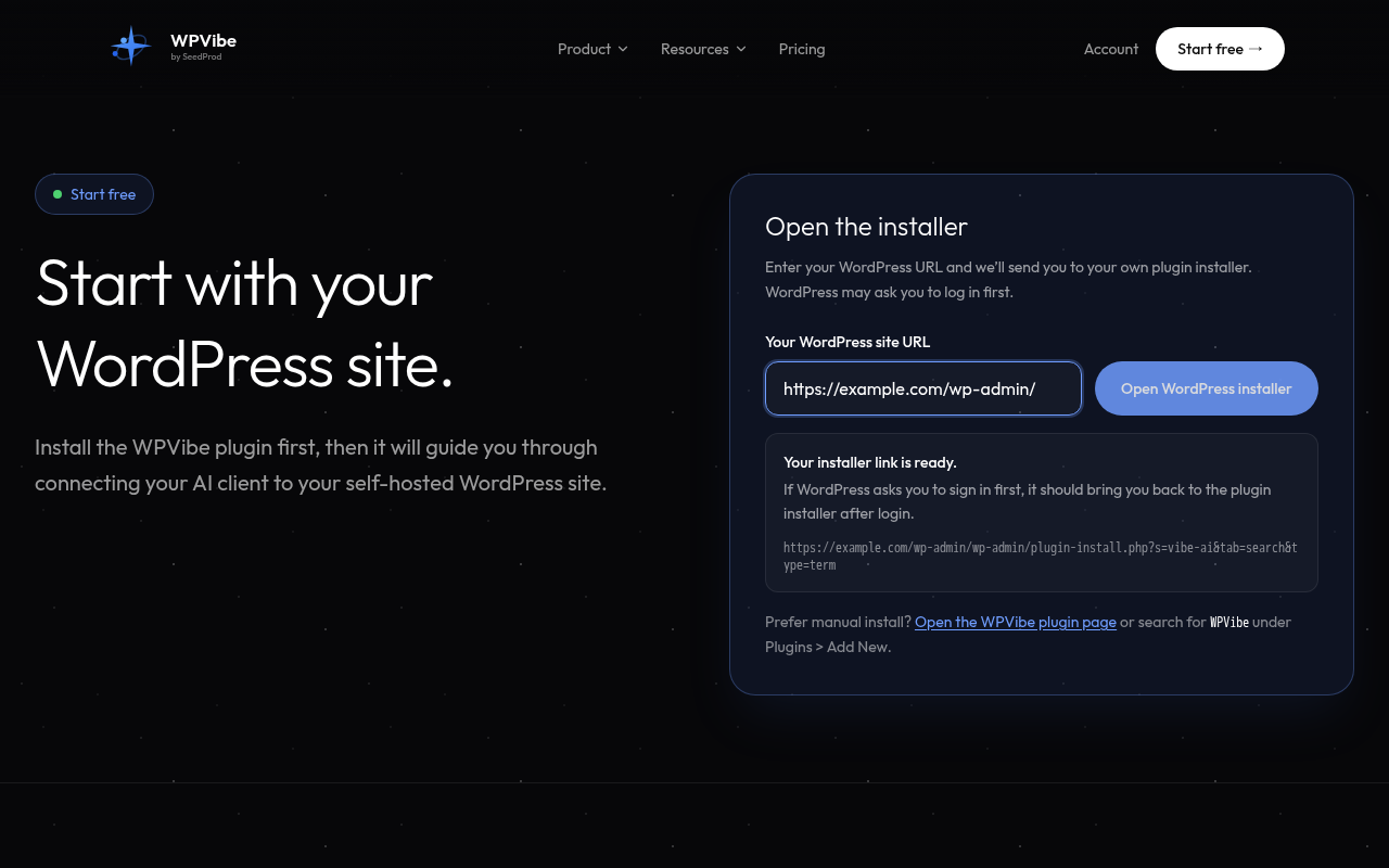 Captured during the scan: The Start free installer doubles the path when given a wp-admin URL