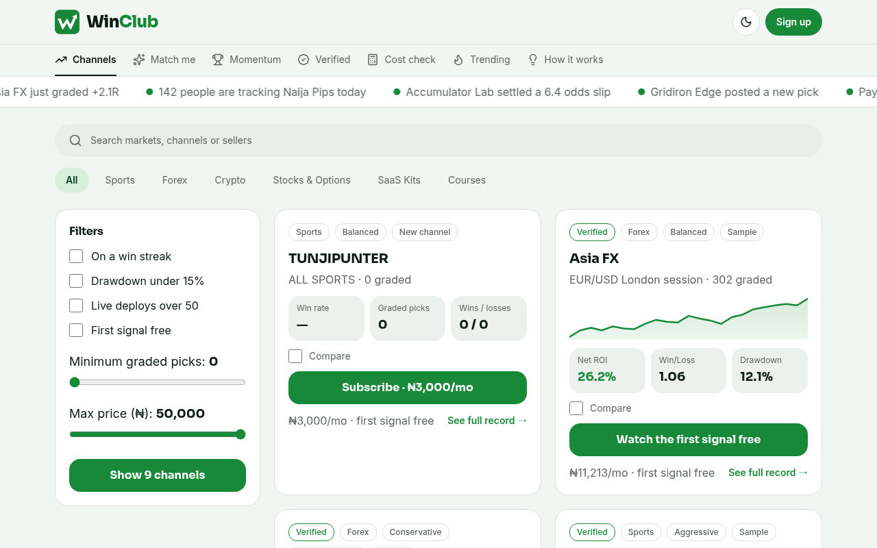 Captured during the scan: Naija Pips is shown as verified at three different returns