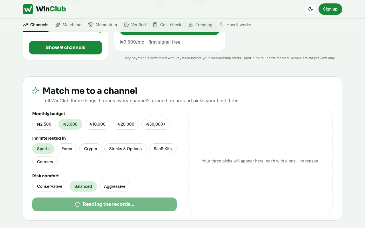 Captured during the scan: Match me skips the ₦3,000 sports channel that fits a ₦5,000 budget