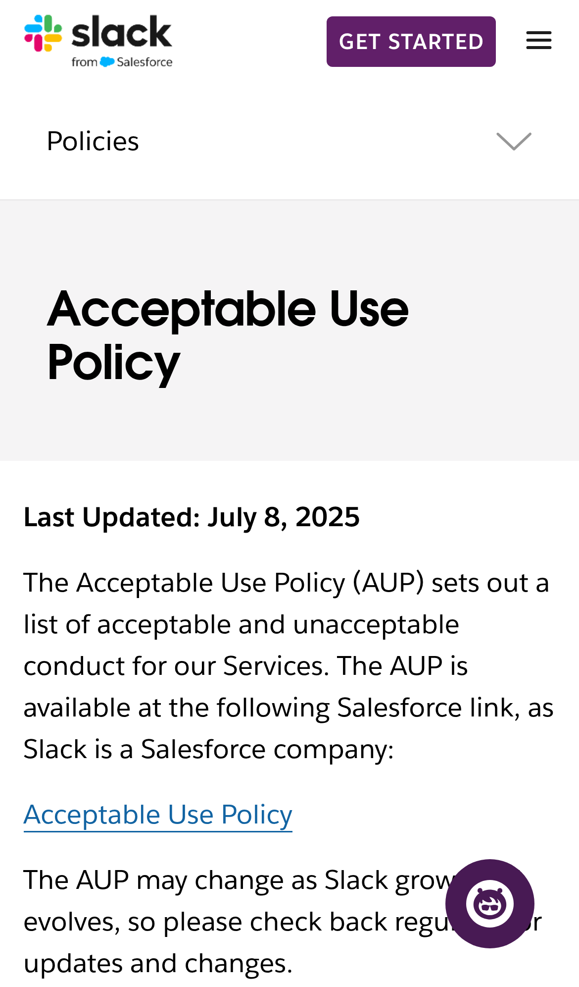 Captured during the scan: The chat launcher covers policy body text on mobile