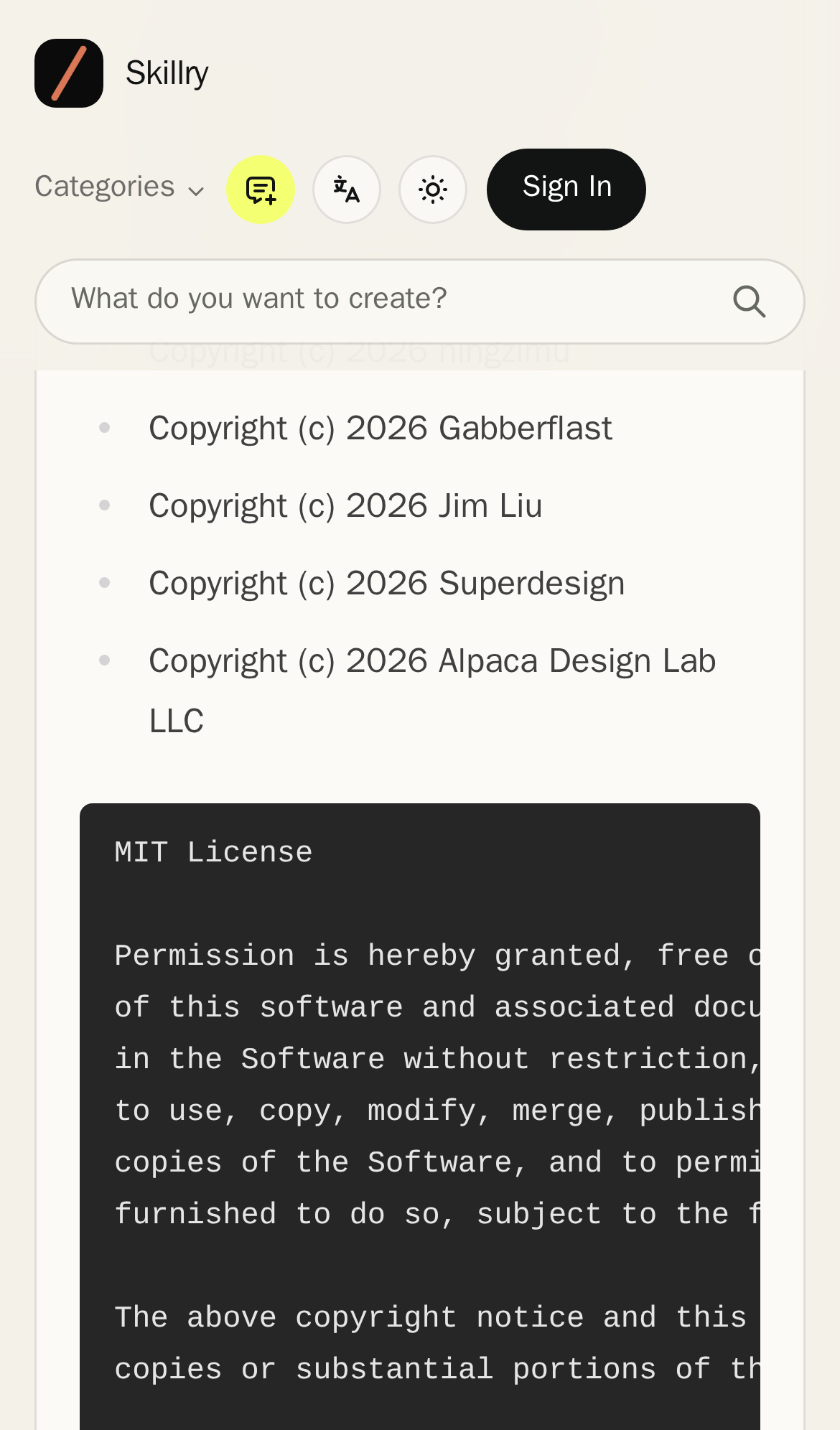 Captured during the scan: The MIT License text is cut off on mobile