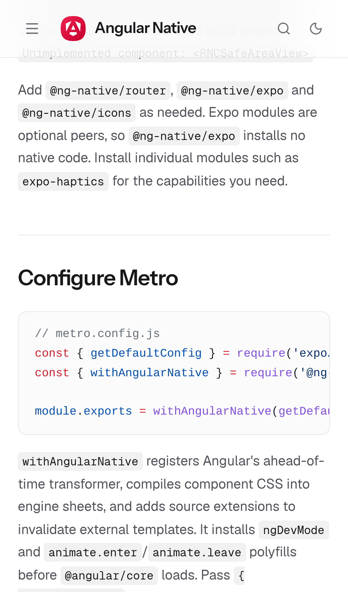 Captured during the scan: The metro.config.js code block cuts off its lines
