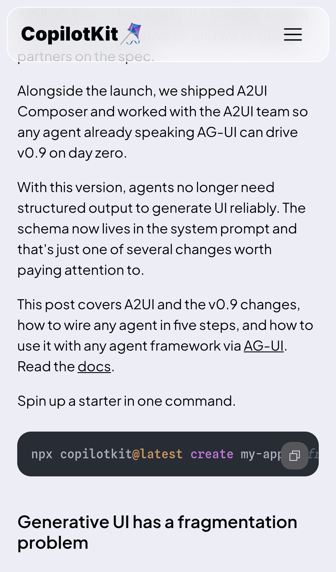 Captured during the scan: The install command is clipped in the mobile code block