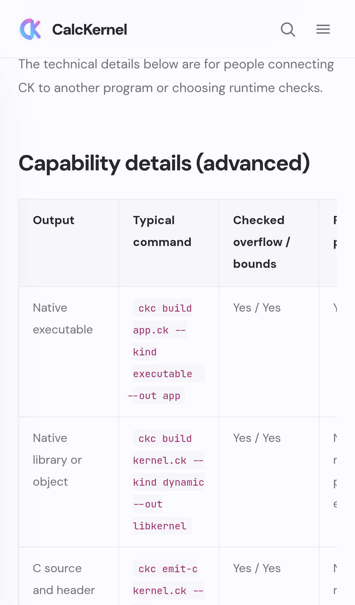 Captured during the scan: The capability details table is cut off on mobile