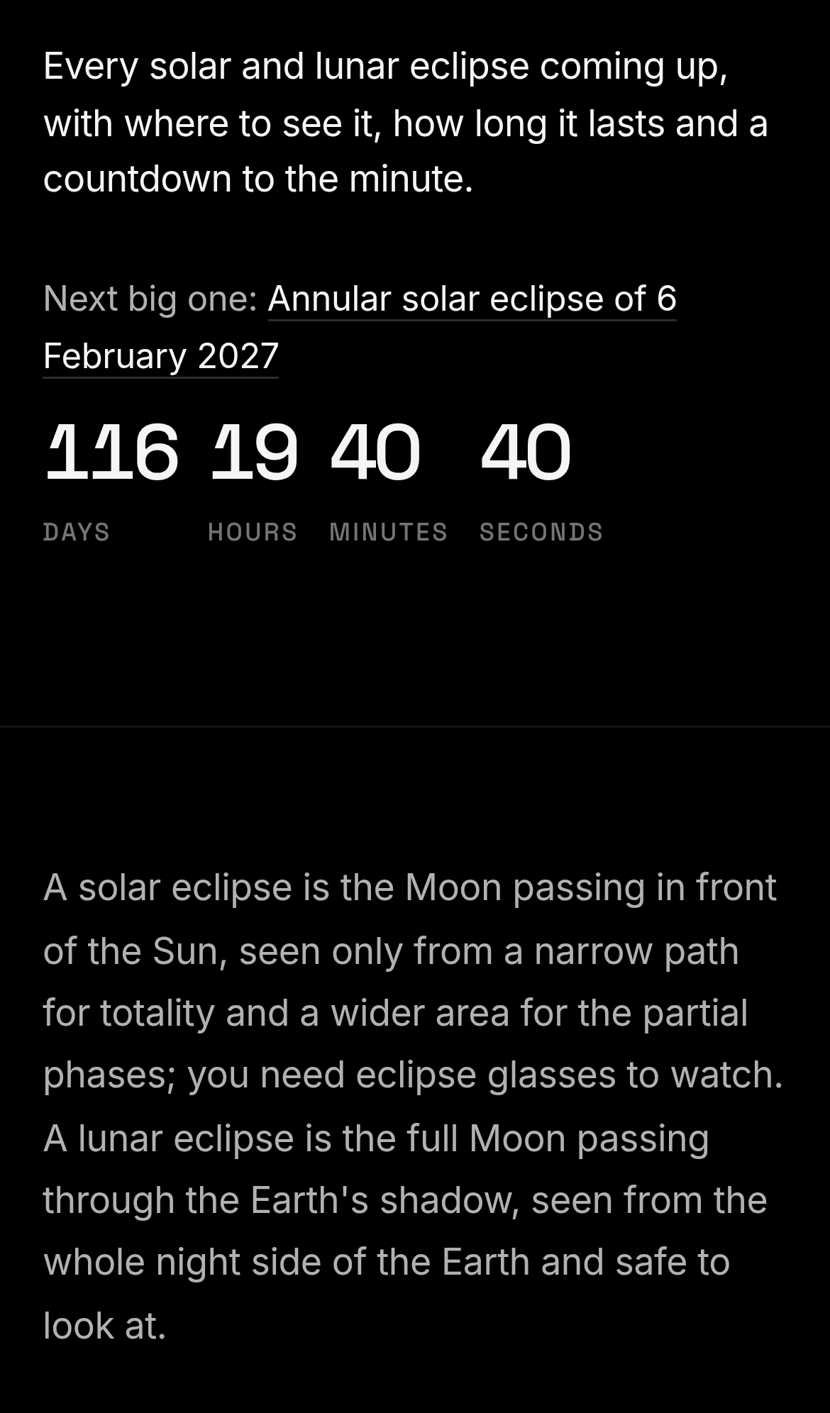 Captured during the scan: A tall empty band splits the eclipses page on phones