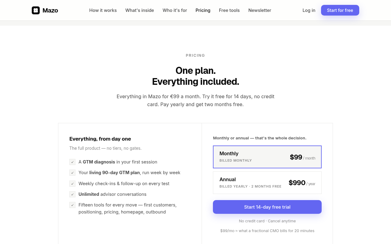 Captured during the scan: The pricing section quotes €99 but the plan card shows $99