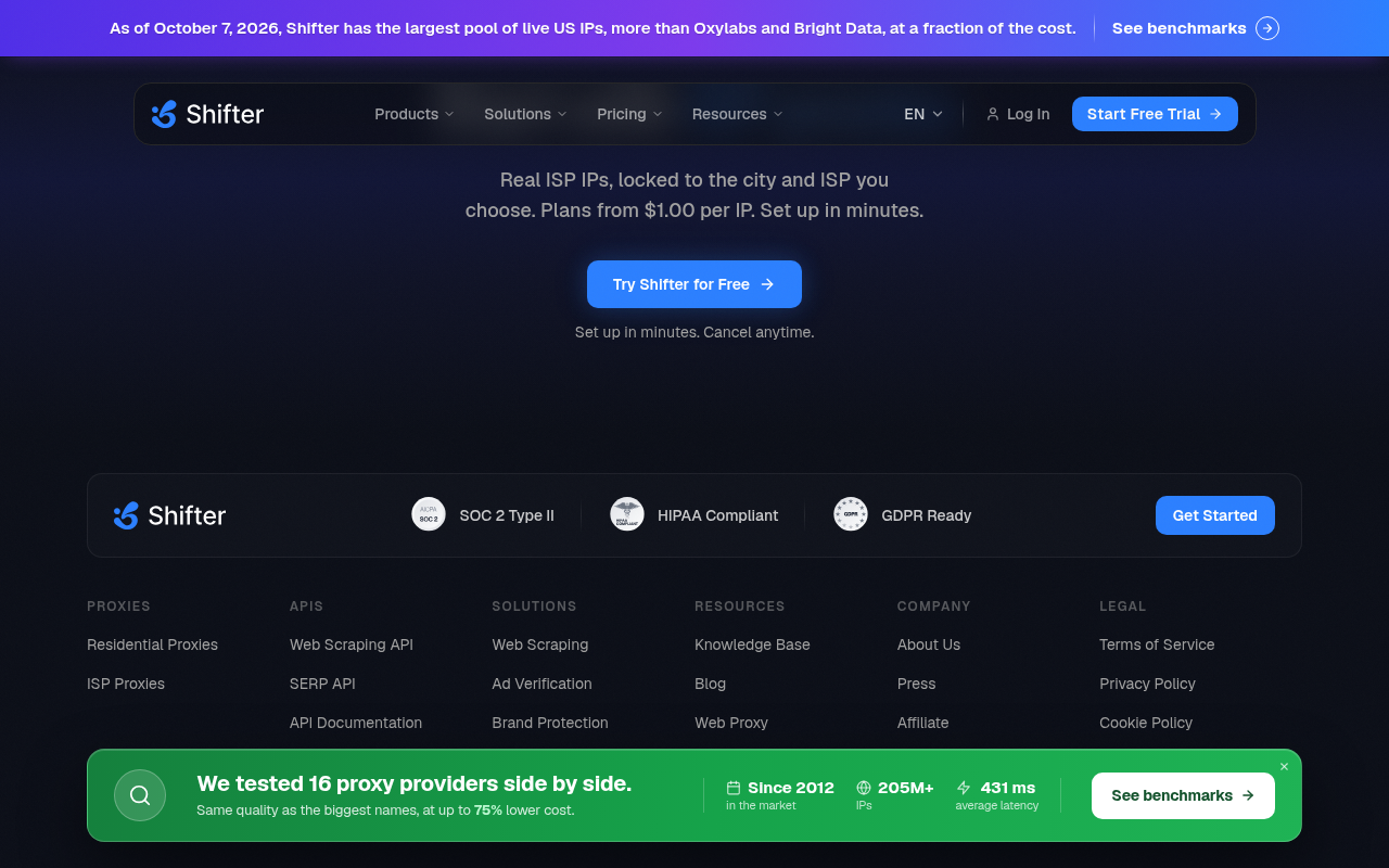 Captured during the scan: ISP Proxies page promises $1.00 per IP but no plan costs that